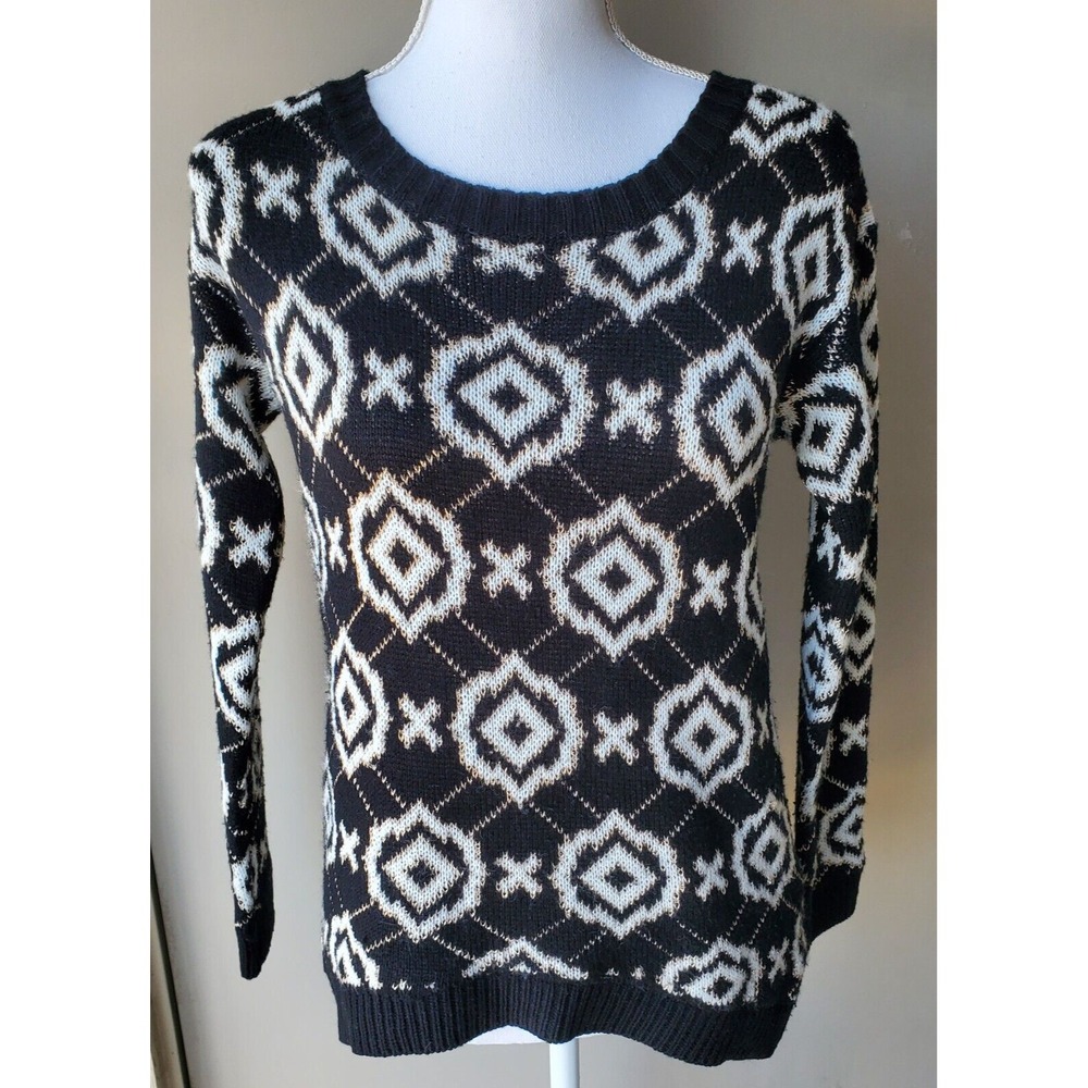 Timing Sweater Women Large Black White Gold Metallic Geometric Southwestern Boho